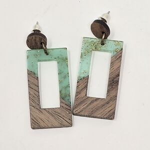 Handmade dangle earring square resin and wood earrings tropical‎ green brown